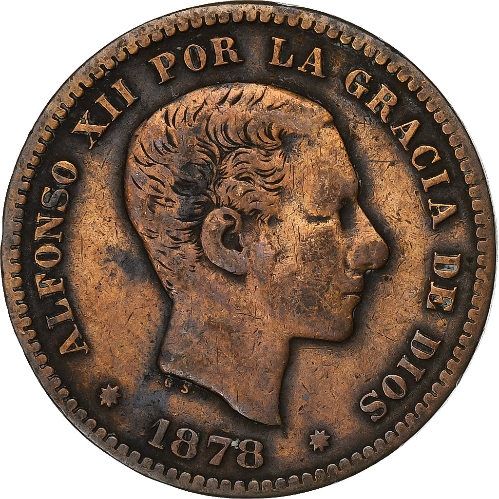 Spain, Alfonso XII, 5 Centimos, 1878, Barcelona, Bronze, VF(30-35), KM:674