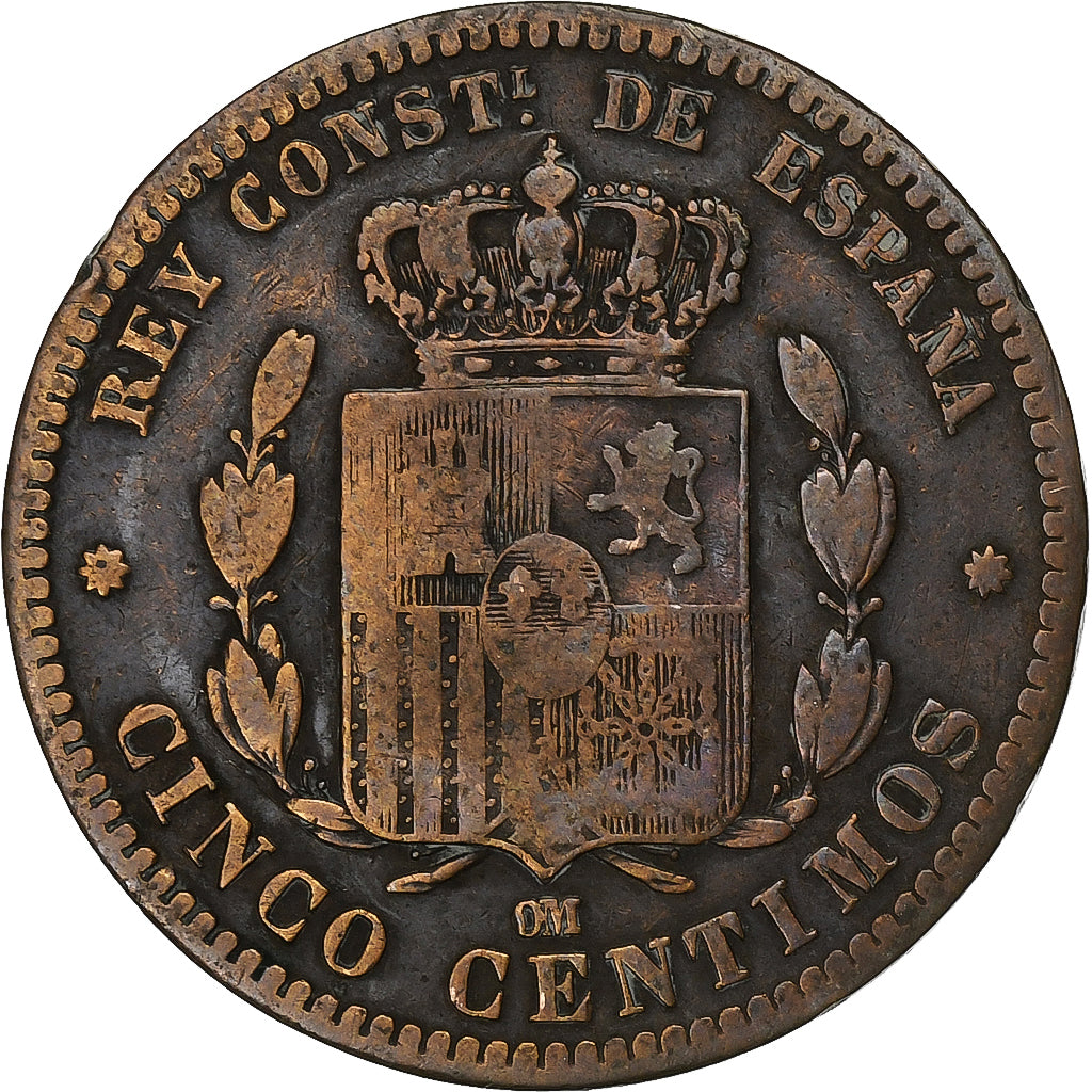 Spain, Alfonso XII, 5 Centimos, 1878, Barcelona, Bronze, VF(30-35), KM:674