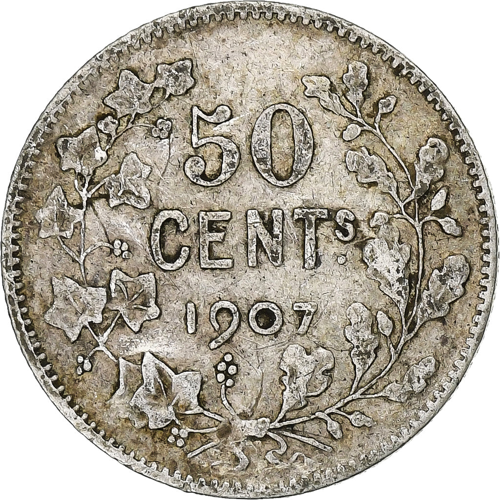 Bélgica, Leopold II, 50 Centimes, 1907, Brussels, Plata, BC+, KM:60