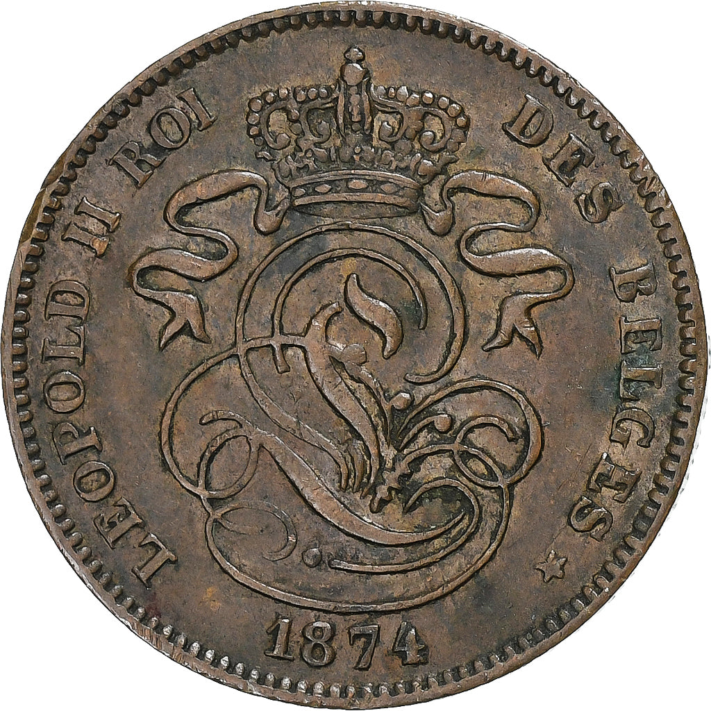 Bélgica, Leopold II, 2 Centimes, 1874, Brussels, Cobre, AU(50-53), KM:35.1