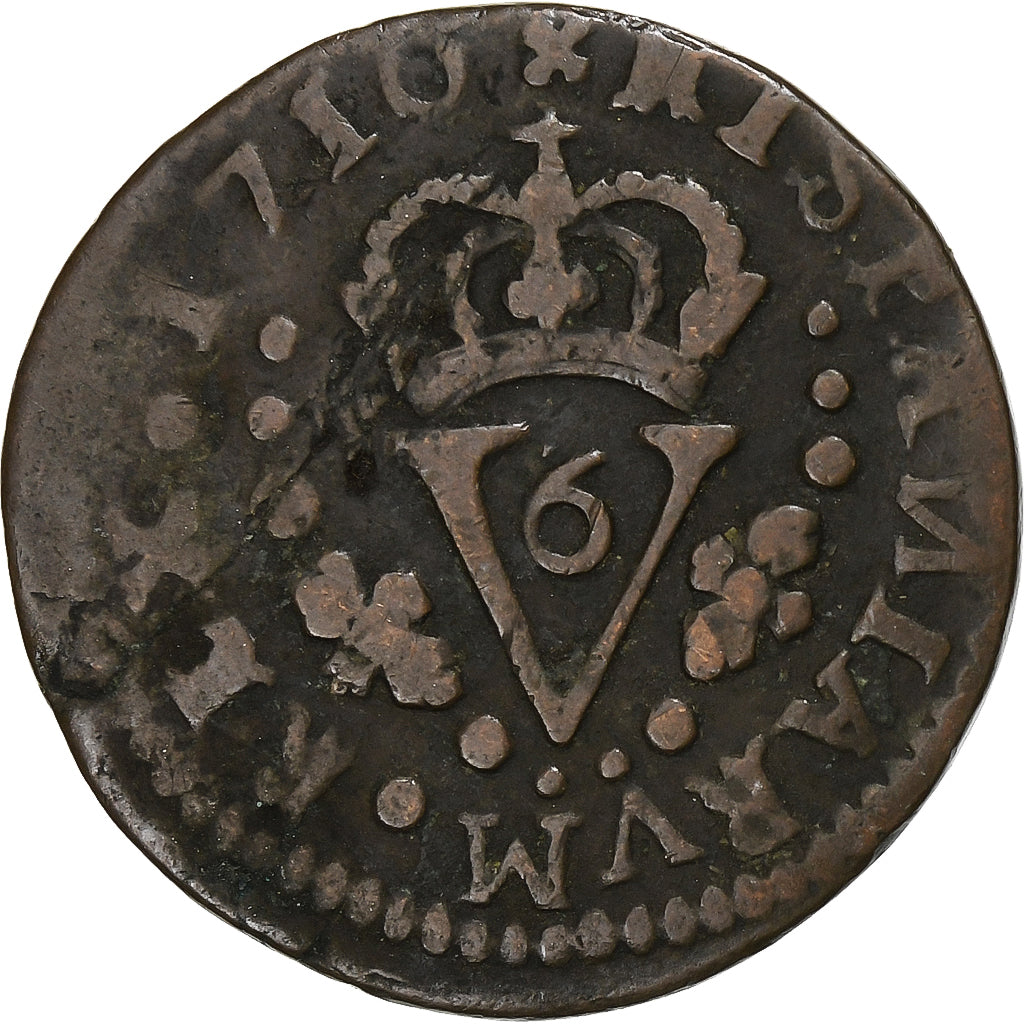 Kingdom of Valencia, Philip V, Seiseno, 1710, Valence, Cobre, BC+, KM:248