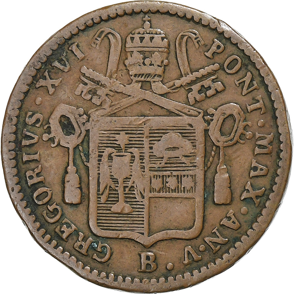 Papal States, Gregory XVI, 1/2 Baiocco, 1835, Bologna, Cobre, VF(30-35), KM:1319