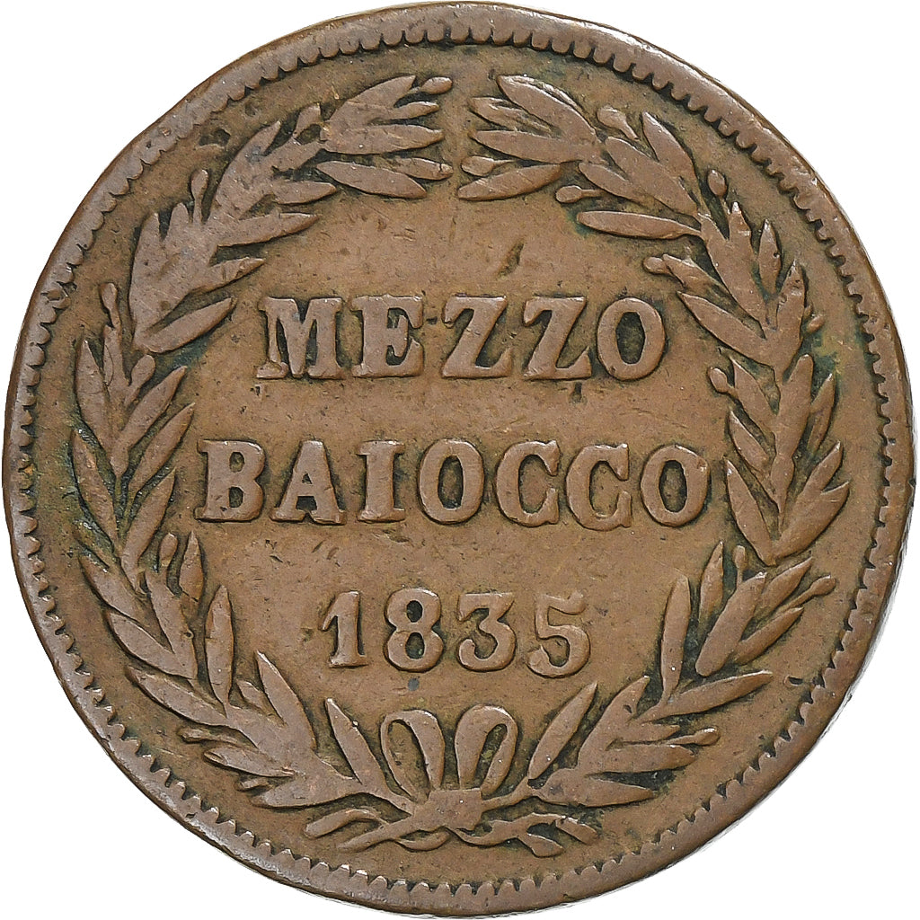 Papal States, Gregory XVI, 1/2 Baiocco, 1835, Bologna, Cobre, VF(30-35), KM:1319