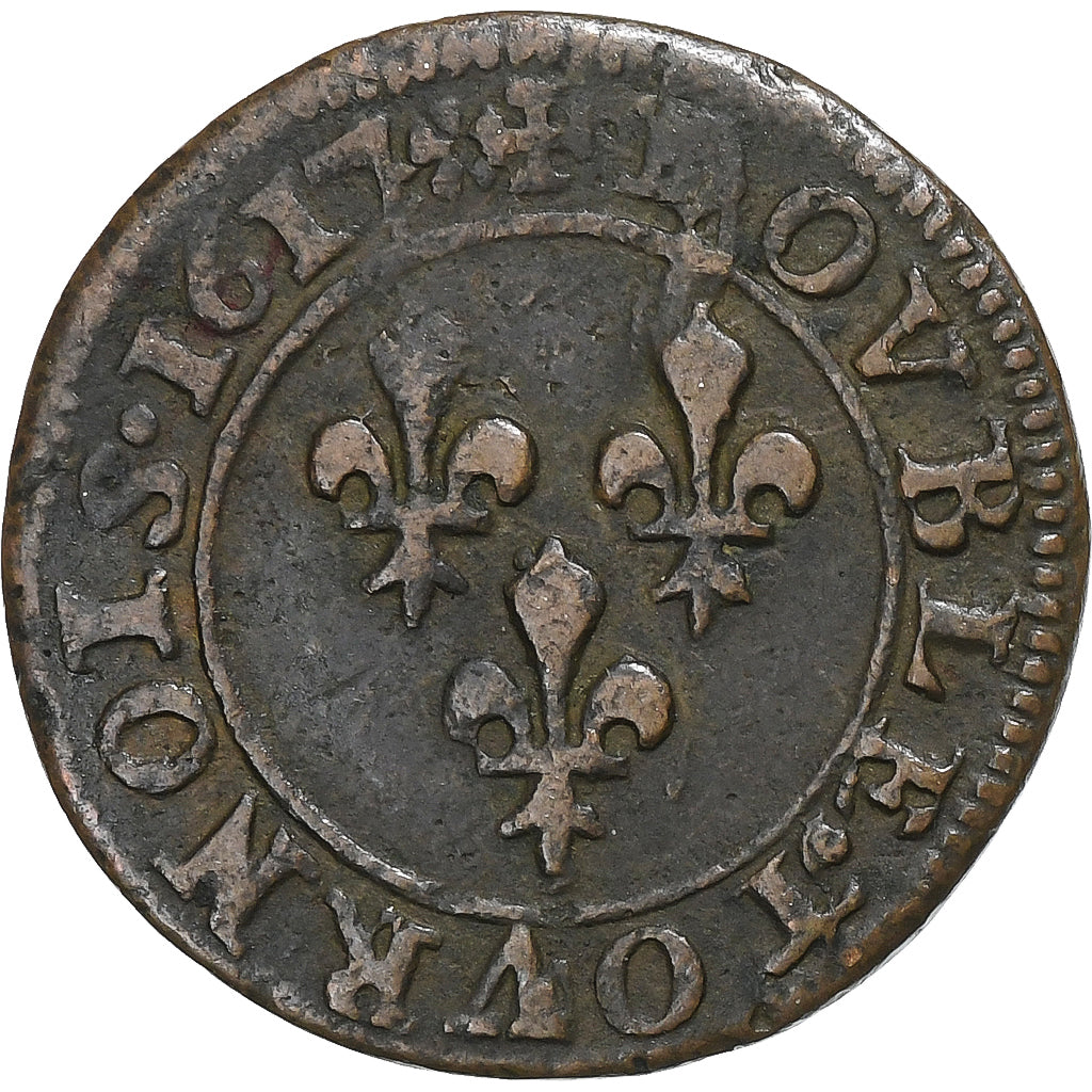 Frankreich, Louis XIII, Double Tournois, 1617, Orléans, Kupfer, SS, Gadoury:5