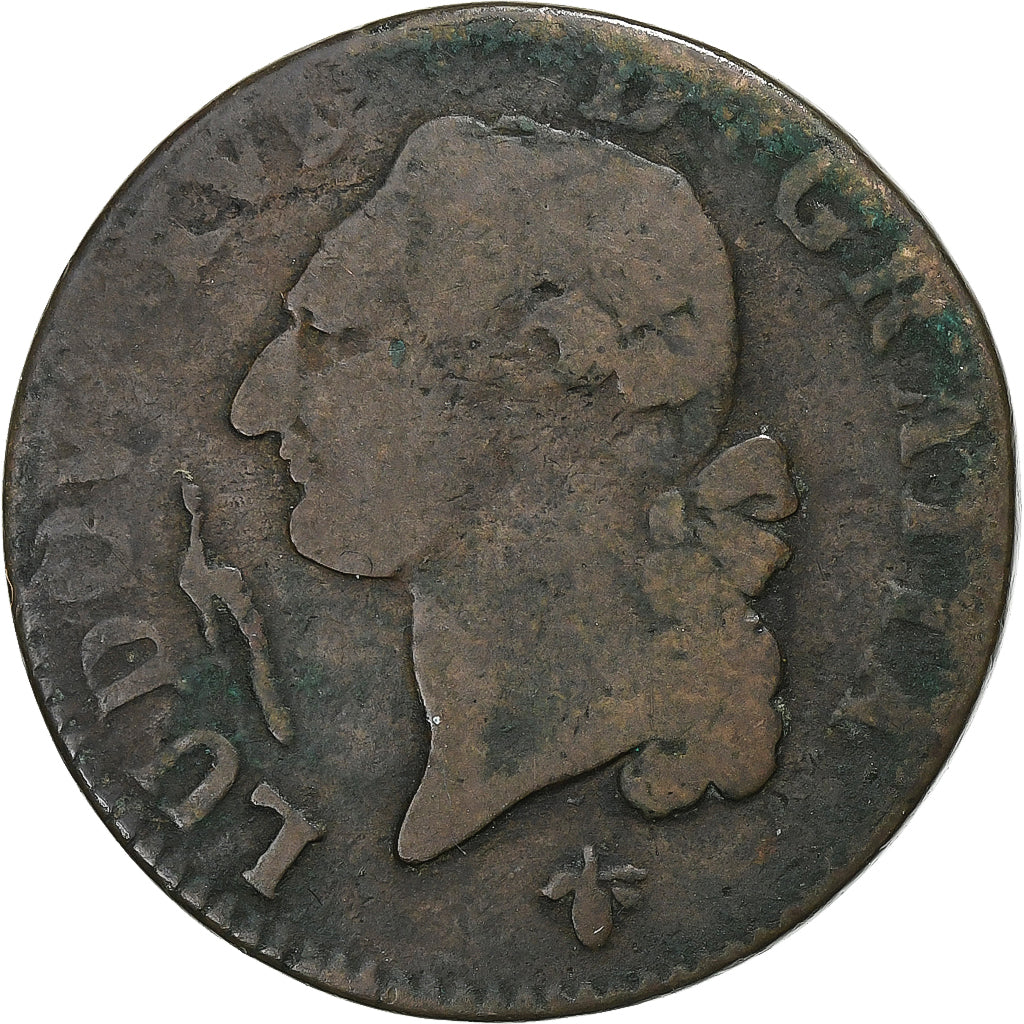 Francia, Louis XVI, Sol, 1780, La Rochelle, Cobre, BC+, Gadoury:350