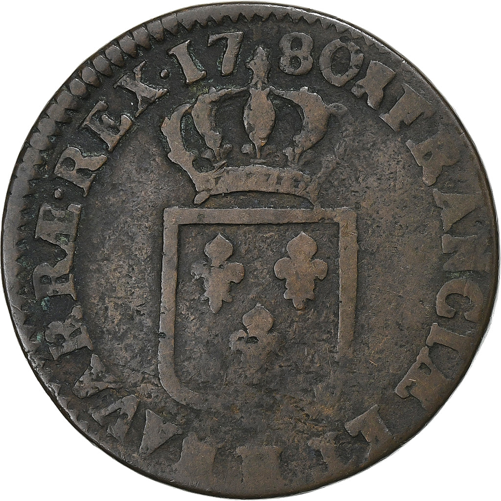 Francia, Louis XVI, Sol, 1780, La Rochelle, Cobre, BC+, Gadoury:350