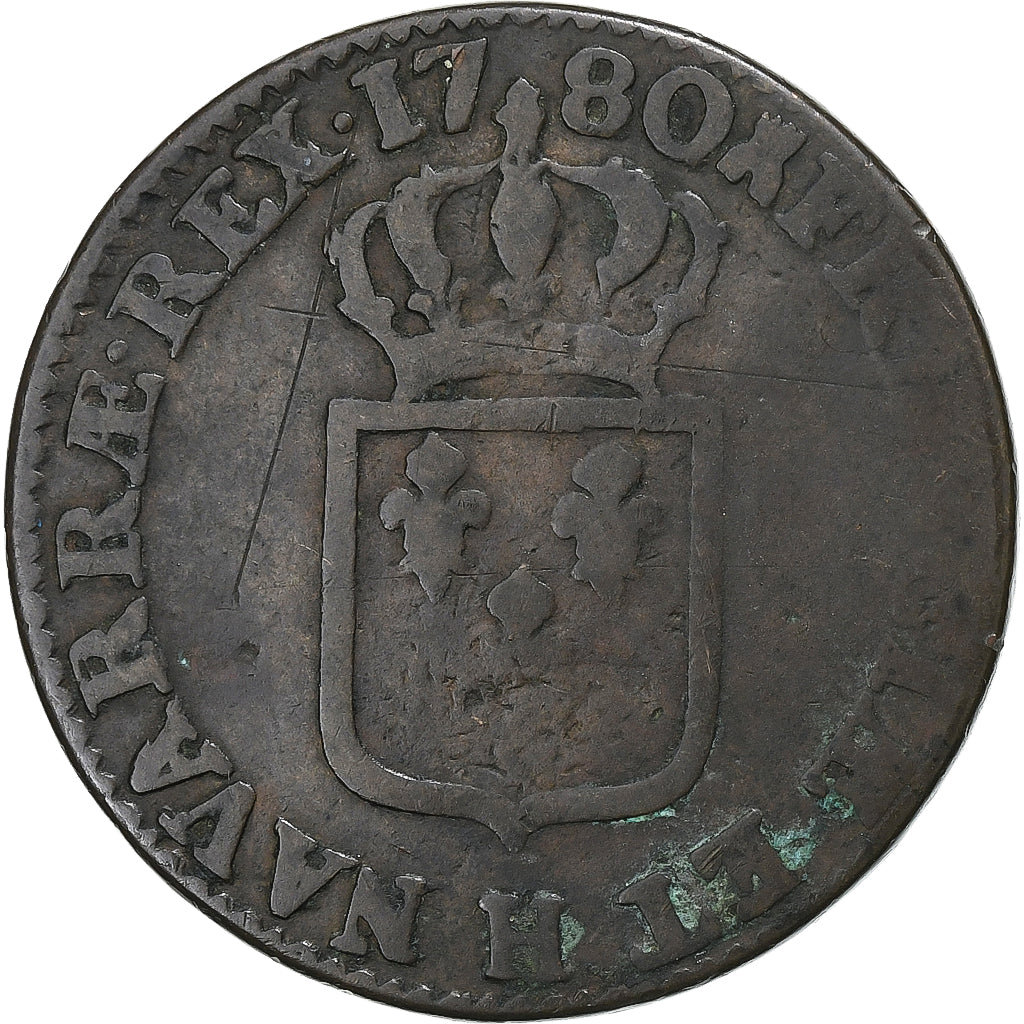 Francia, Louis XVI, Sol, 1780, La Rochelle, Cobre, BC+, Gadoury:350