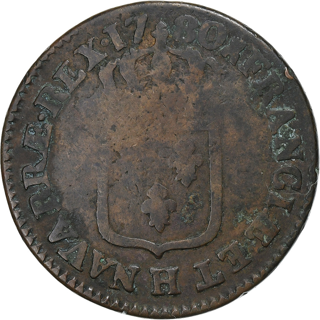 Francia, Louis XVI, Sol, 1780, La Rochelle, Cobre, BC+, Gadoury:350