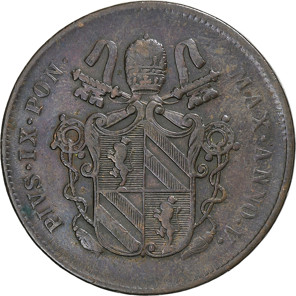 Papal States, Pius IX, 2 Baiocchi, 1851, Bologna, Cobre, EF(40-45), KM:1344