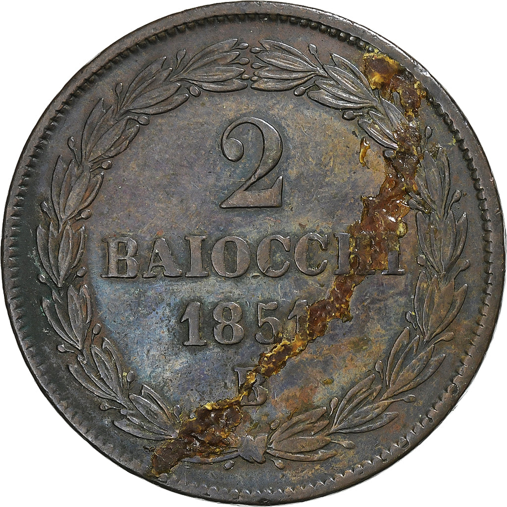 Papal States, Pius IX, 2 Baiocchi, 1851, Bologna, Cobre, EF(40-45), KM:1344