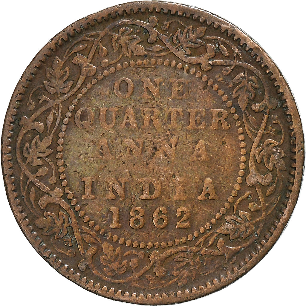 India-British, Victoria, 1/4 Anna, 1862, Calcutta, Copper, VF(30-35), KM:467