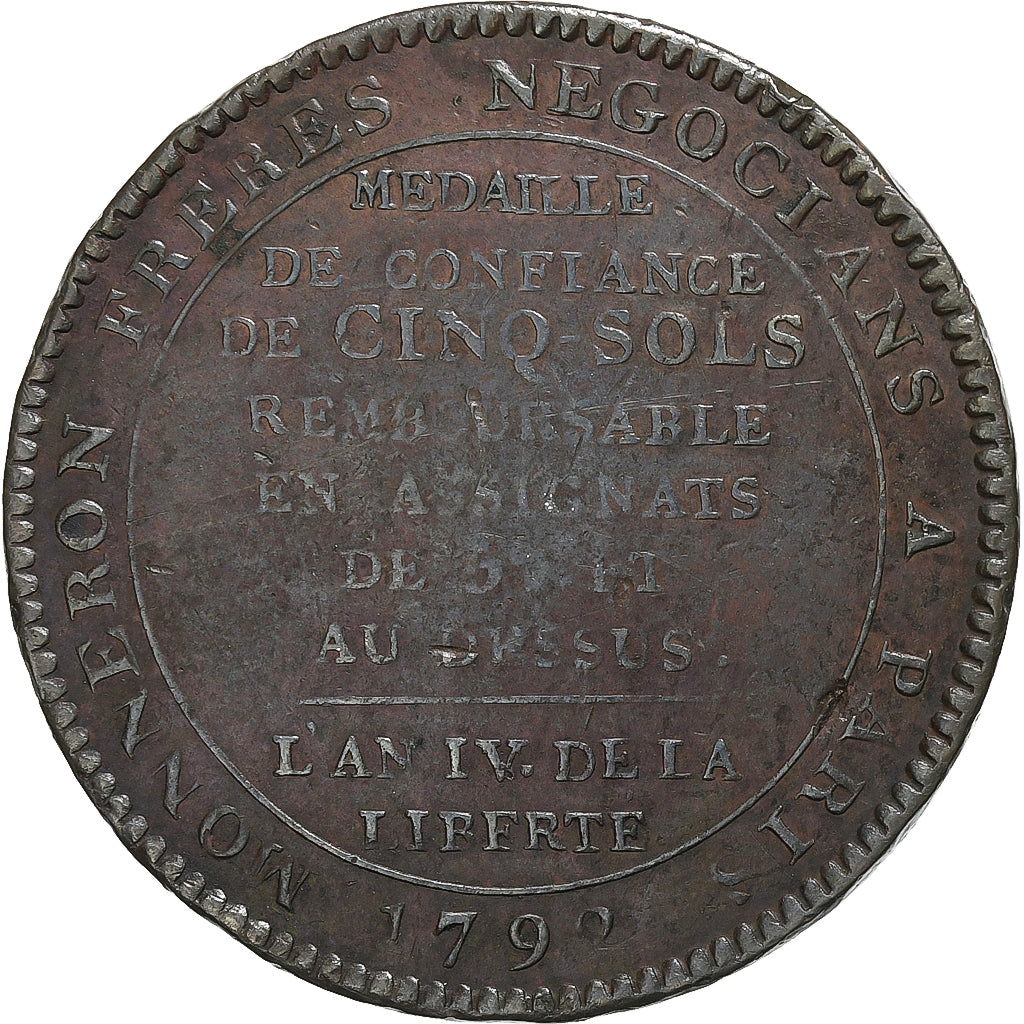 Francia, Monneron de 5 Sols, 1792, Bronzo, BB