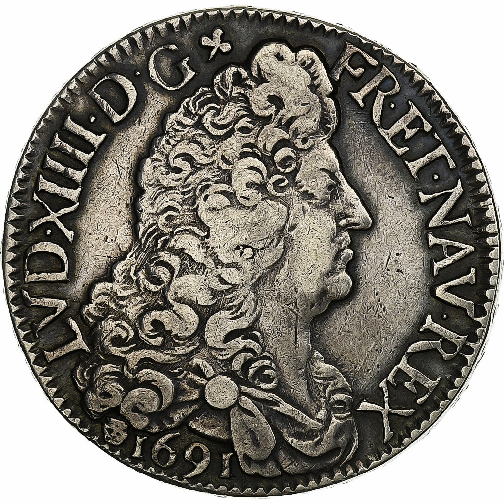 França, Louis XIV, Ecu aux 8 L, 1691, Montpellier, Flan neuf, Prata, EF(40-45)