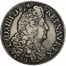 França, Louis XIV, Ecu aux 8 L, 1691, Montpellier, Flan neuf, Prata, EF(40-45)