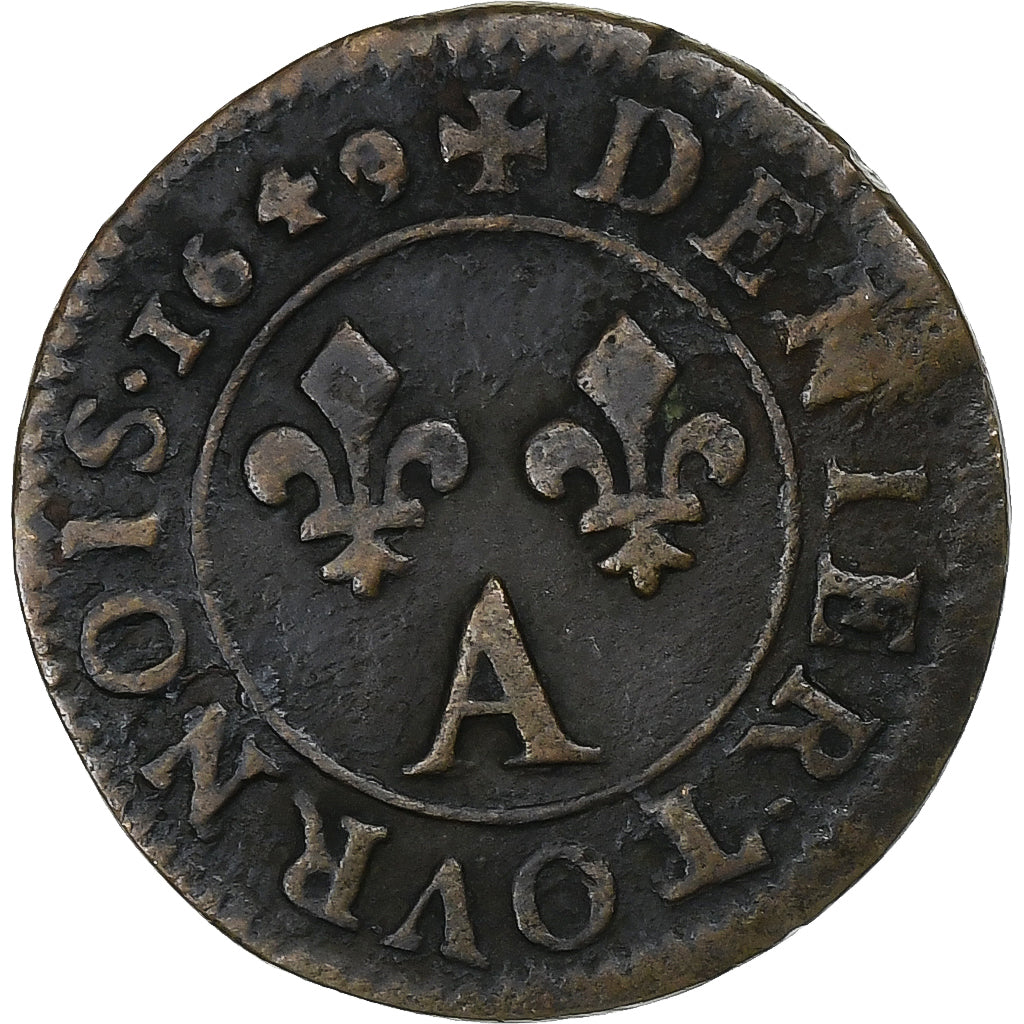 Francia, Louis XIV, Denier Tournois, 1649/48, Paris, Cobre, BC+, Gadoury:70