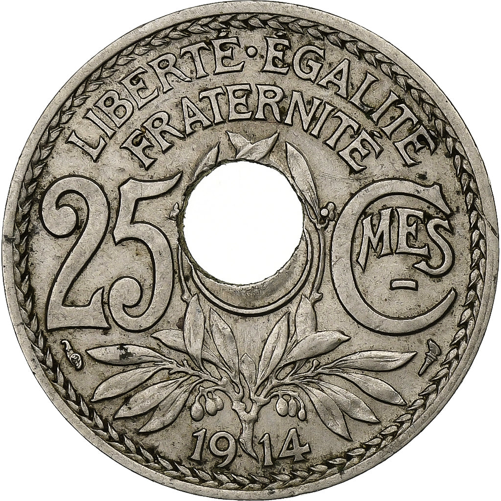 França, 25 Centimes, Lindauer, 1914, Paris, Furo Descentrado, Níquel