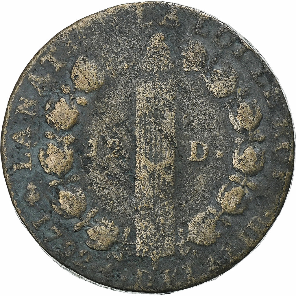 Francia, Louis XVI, 12 Deniers, 1792⸱4, Paris, Rame, MB+, Gadoury:15