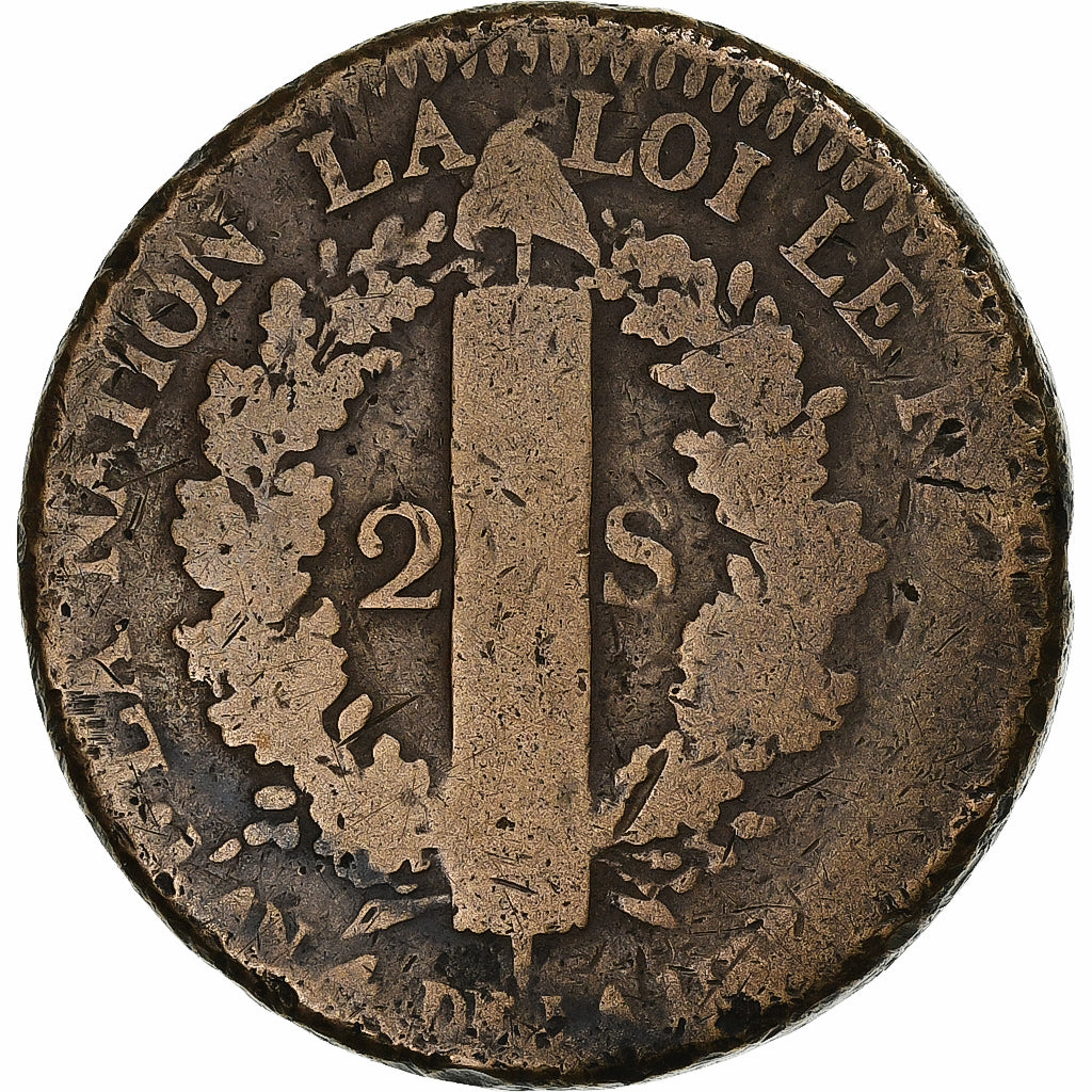 France, Louis XVI, 2 sols Français, 1792 / AN 4, Strasbourg, Cuivre, TB
