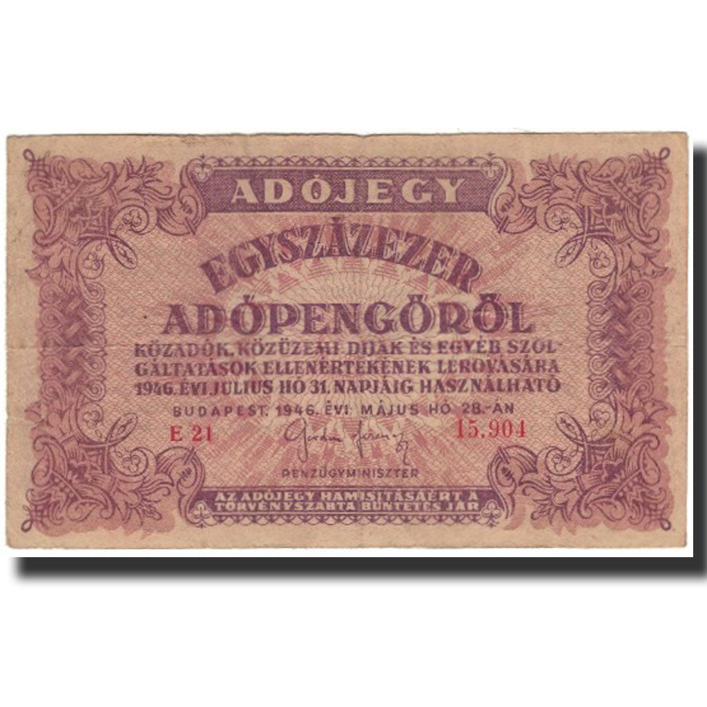 Biljet, Hongarije, 100,000 (Egyszázezer) Adópengö, 1946, 1946-05-28, KM:144b