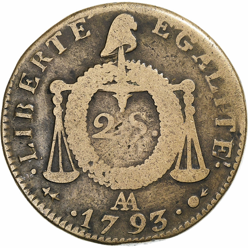 Frankreich, 2 sols à la Balance, 1793 / AN II, Metz, Kupfer, S, Gadoury:31