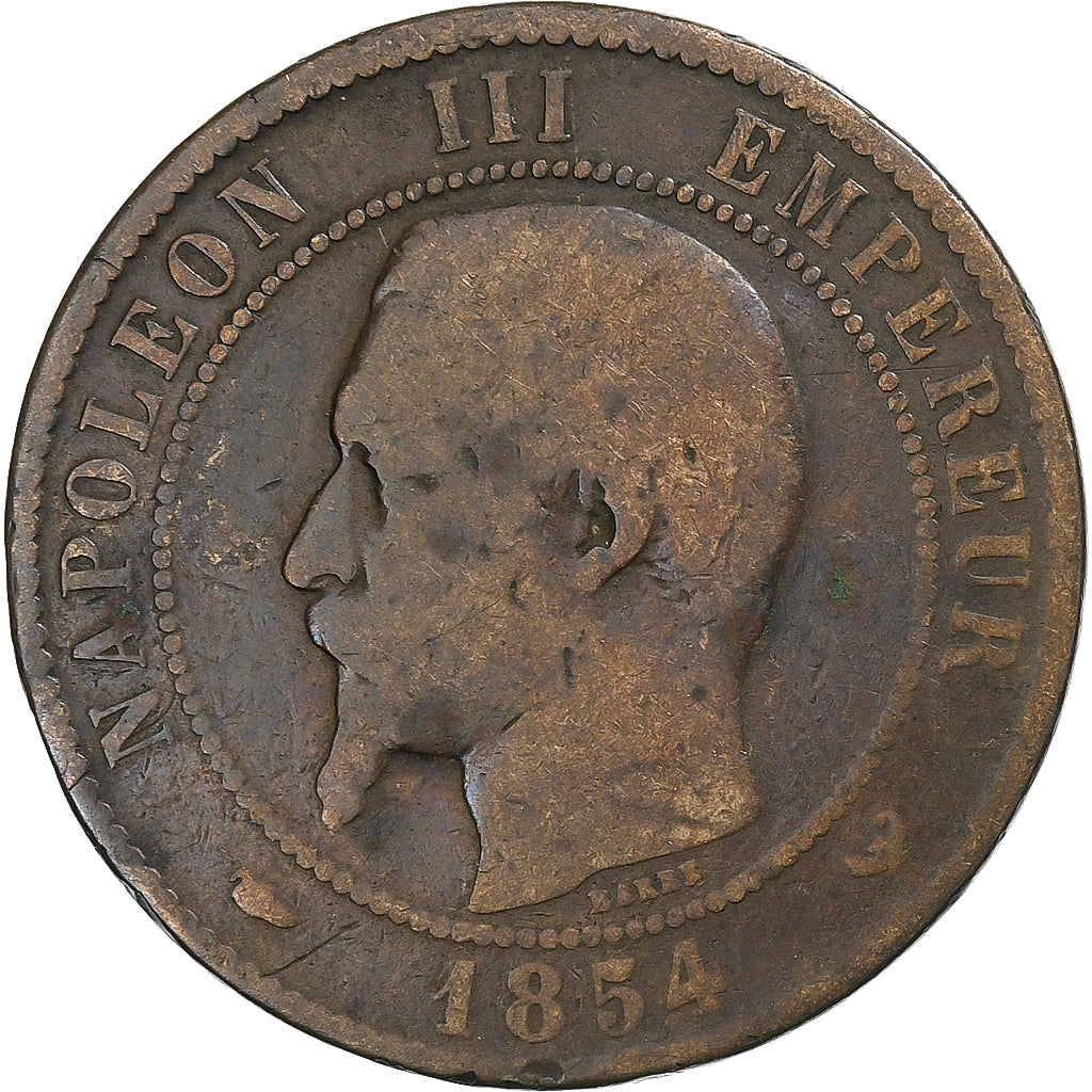 Francia, Napoleon III, 10 Centimes, 1854, Lille, Bronce, BC+, Gadoury:248