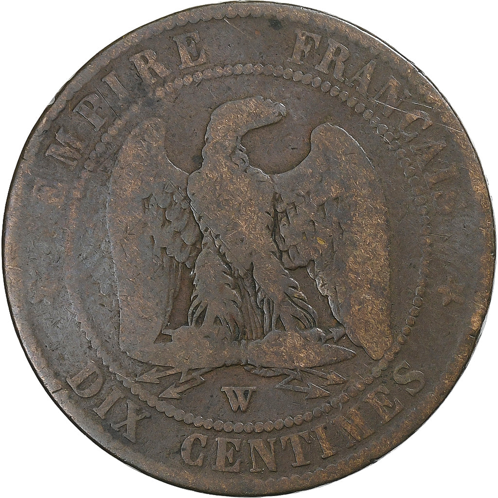 Francia, Napoleon III, 10 Centimes, 1854, Lille, Bronce, BC+, Gadoury:248
