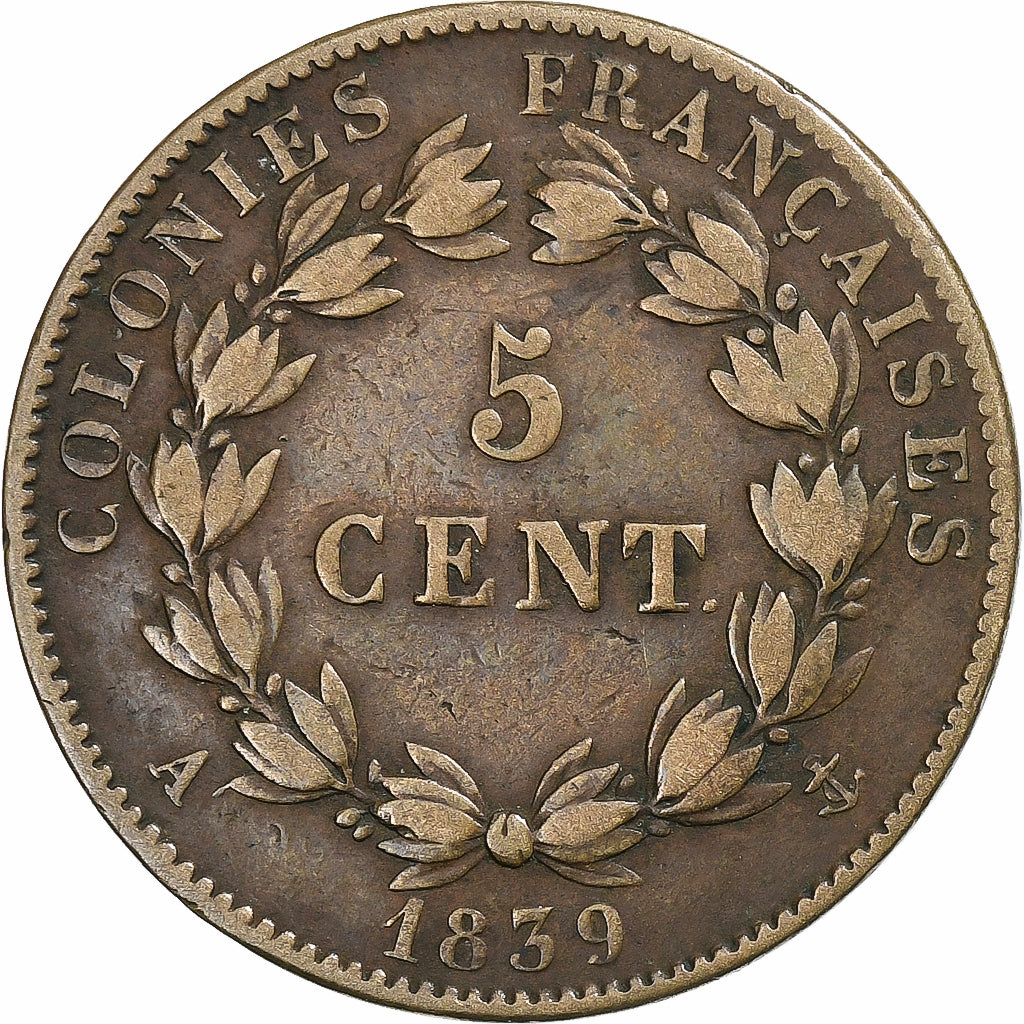 Colonies françaises, Louis-Philippe I, 5 Centimes, 1839, Paris, Bronze, TB+