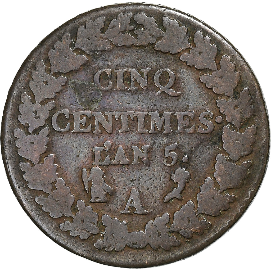 França, 5 Centimes, Dupré, AN 5, Paris, Cobre, VF(20-25), Gadoury:126, KM:640