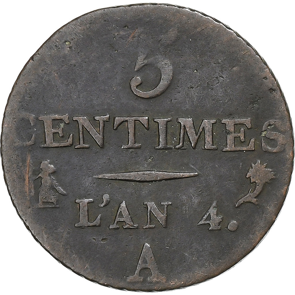 France, 5 Centimes, Dupré, AN 4, Paris, Petit module, Copper, VF(30-35)