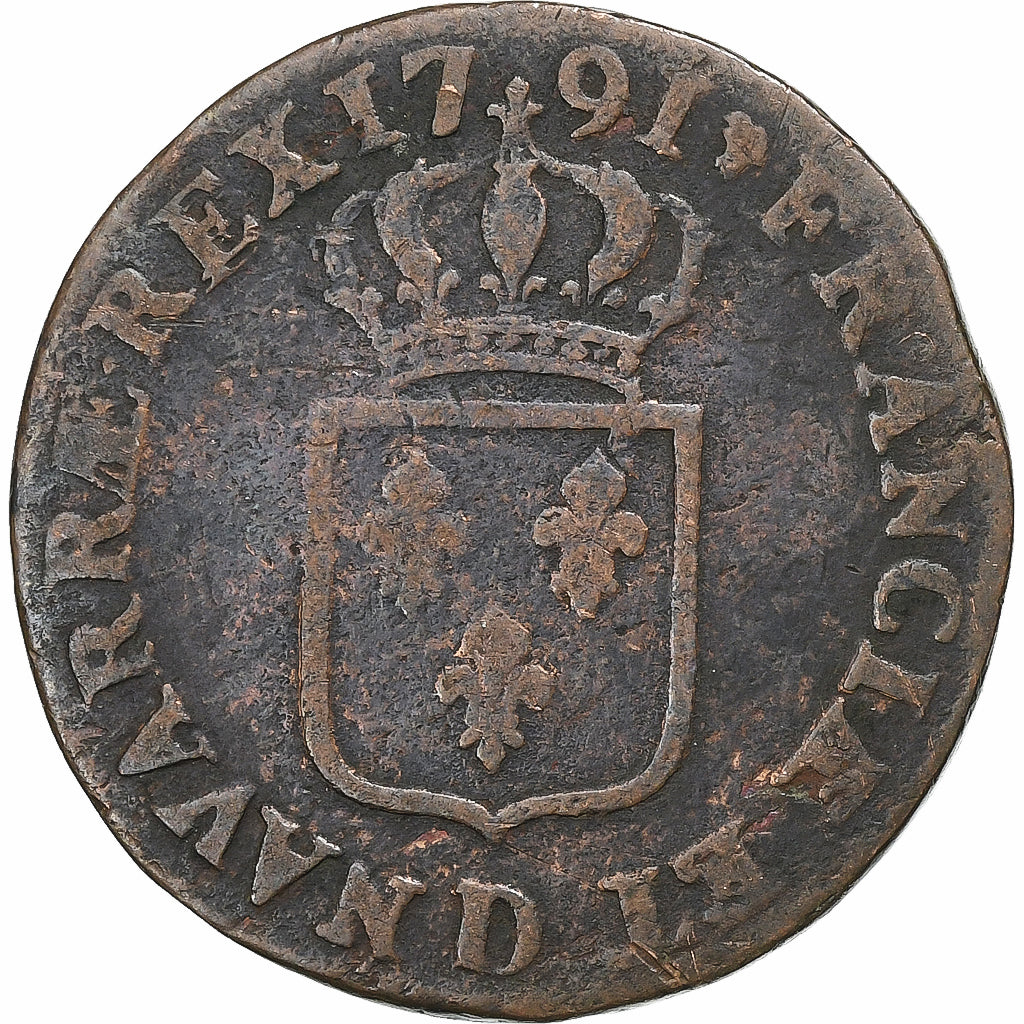 Francia, Louis XVI, Sol, 1791, Lyon, Cobre, BC+, Gadoury:350