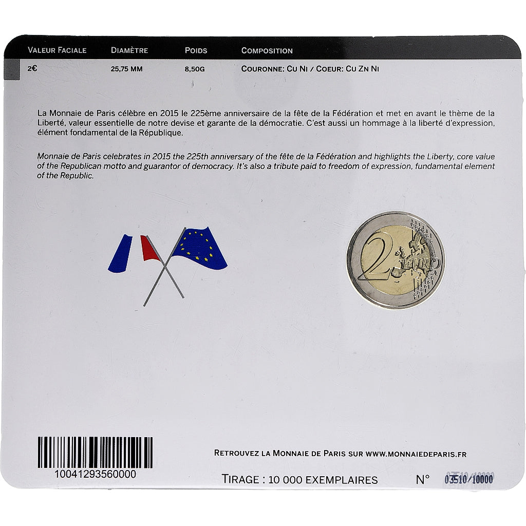 Francia, 2 Euro, fête de la Fédération, Colorized, 2015, MDP, Bi-metallico