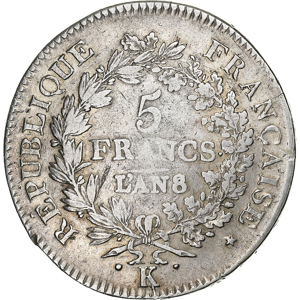 Francia, 5 Francs, Union et Force, An 8/6, Bordeaux, Argento, MB+, Gadoury:563a