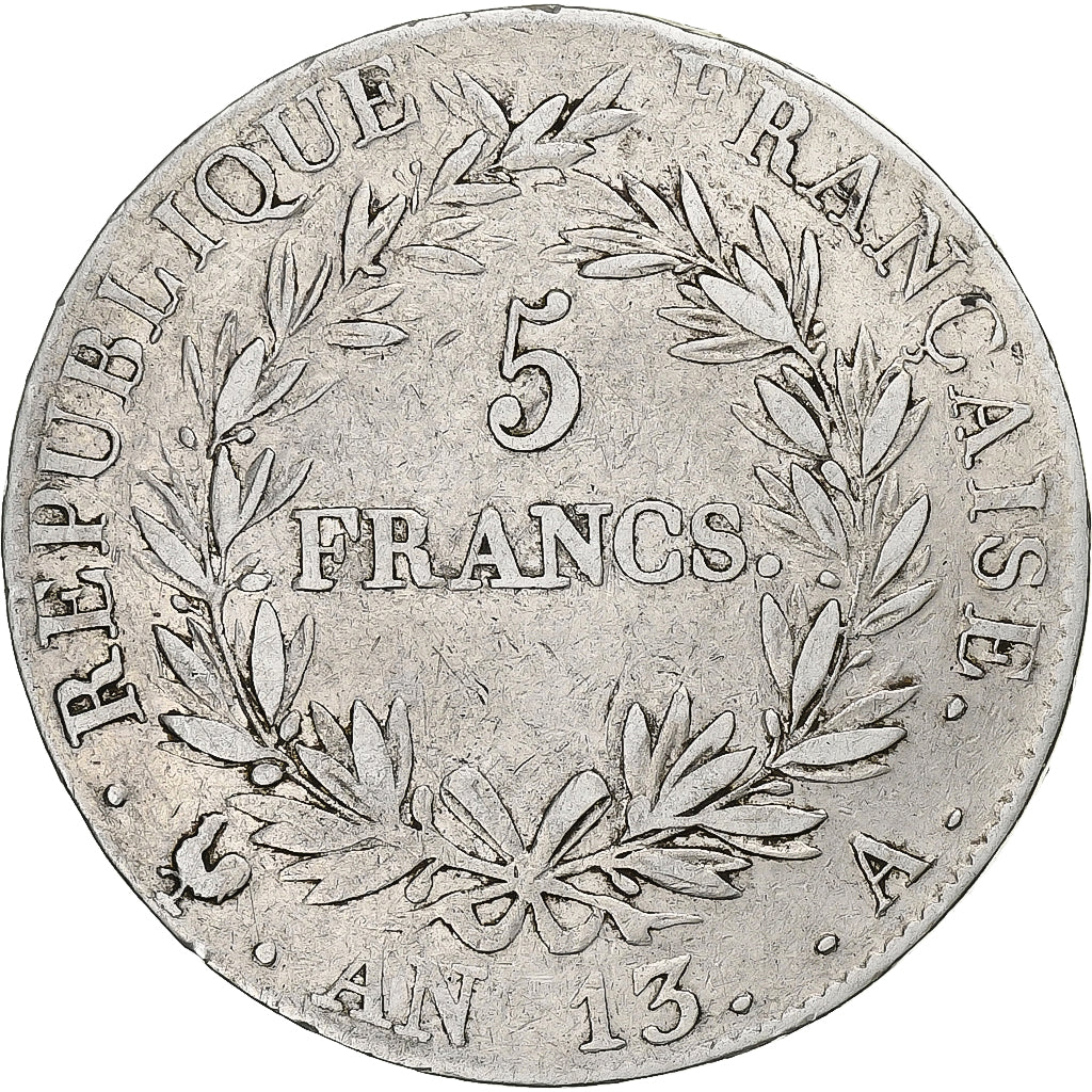 Francia, Napoleon I, 5 Francs, AN 13, Paris, Plata, BC+, Gadoury:580, KM:662.1