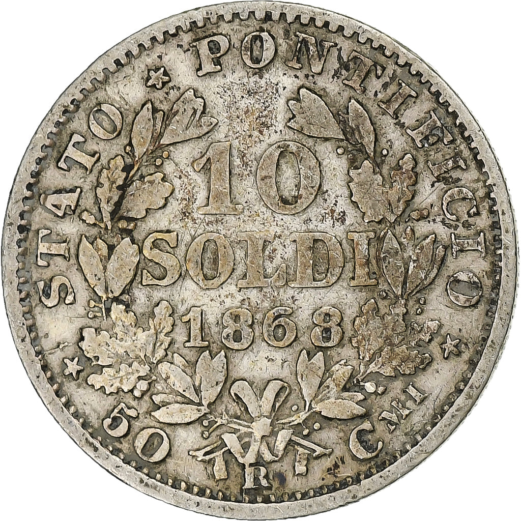 Papal States, Pius IX, 10 Soldi, 1868, Rome, Prata, VF(30-35), KM:1386.1