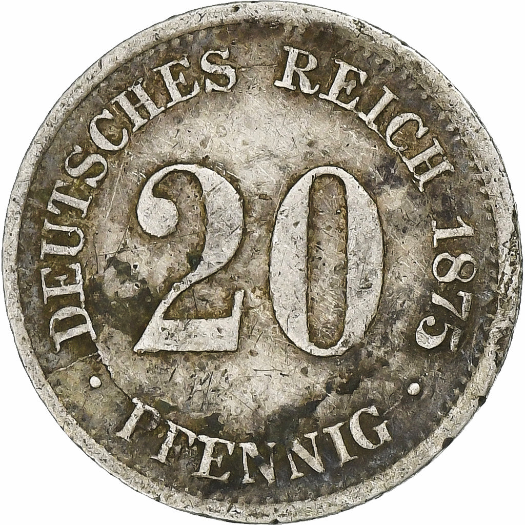 Alemanha, Wilhelm I, 20 Pfennig, 1875, Stuttgart, Prata, VF(20-25), KM:5