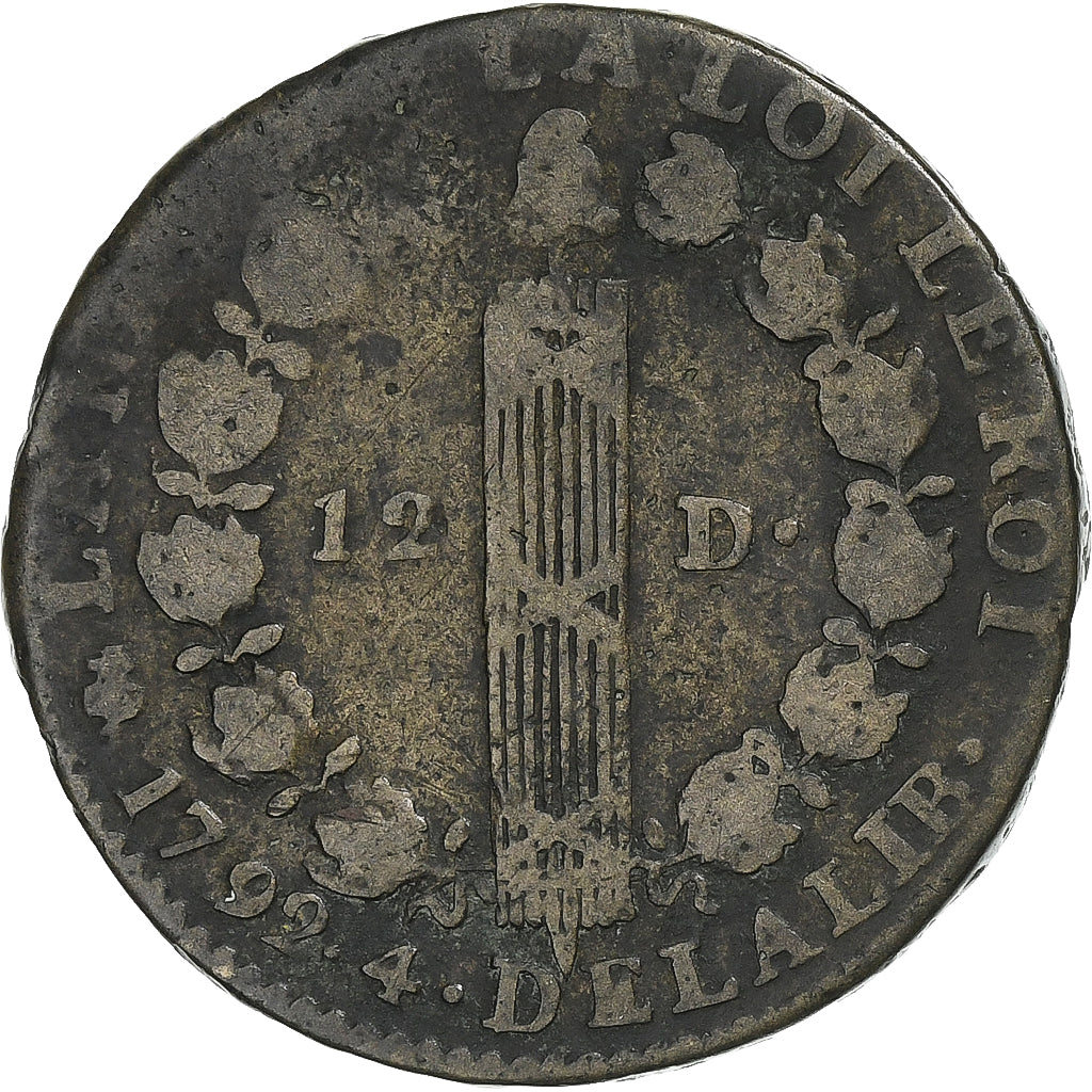 France, Louis XVI, 12 Deniers, 1792⸱4, Paris, Métal de cloche, TB+