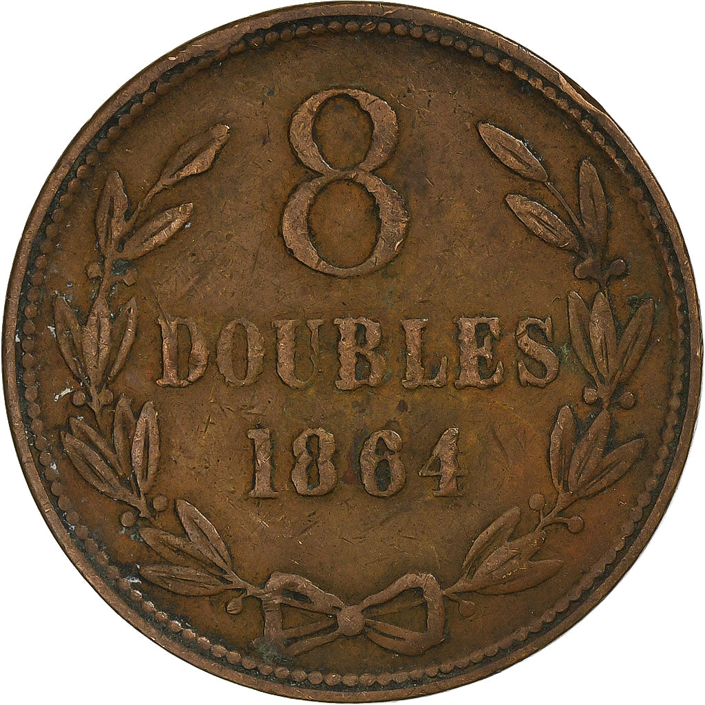 Guernsey, 8 Doubles, 1864, Heaton, Cobre, MBC, KM:7