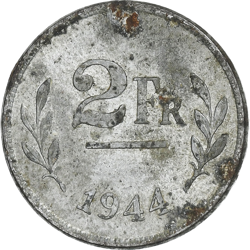 Belgium, 2 Francs, Libération, 1944, Philadelphia, Zinc Coated Steel