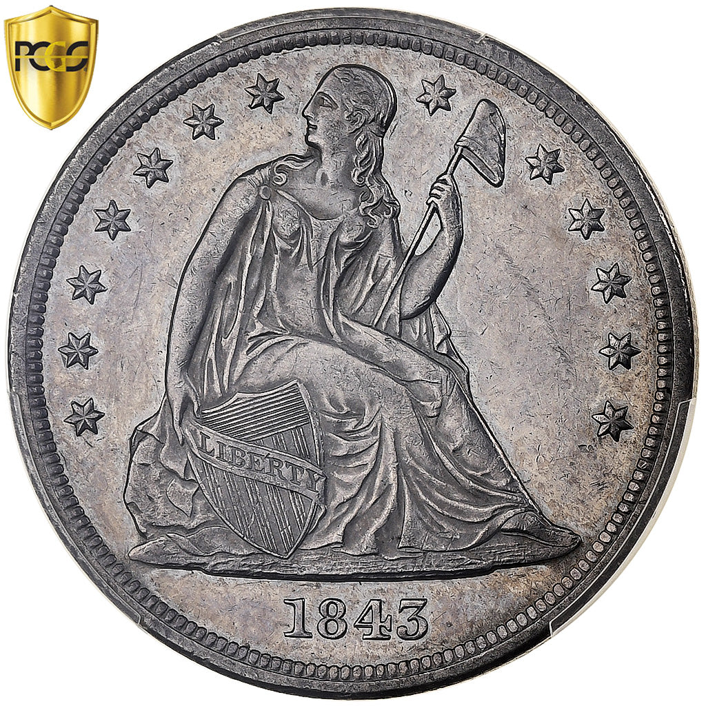 United States, 1 Dollar, Seated Liberty, 1843, Philadelphia, Silver, PCGS, AU55