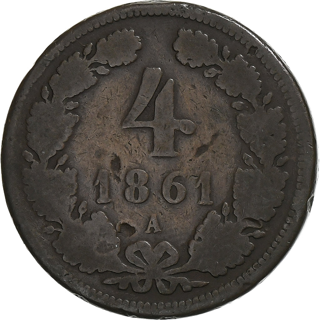 Austria, Franz Joseph I, 4 Kreuzer, 1861, Vienna, Miedź, VF(20-25), KM:2194