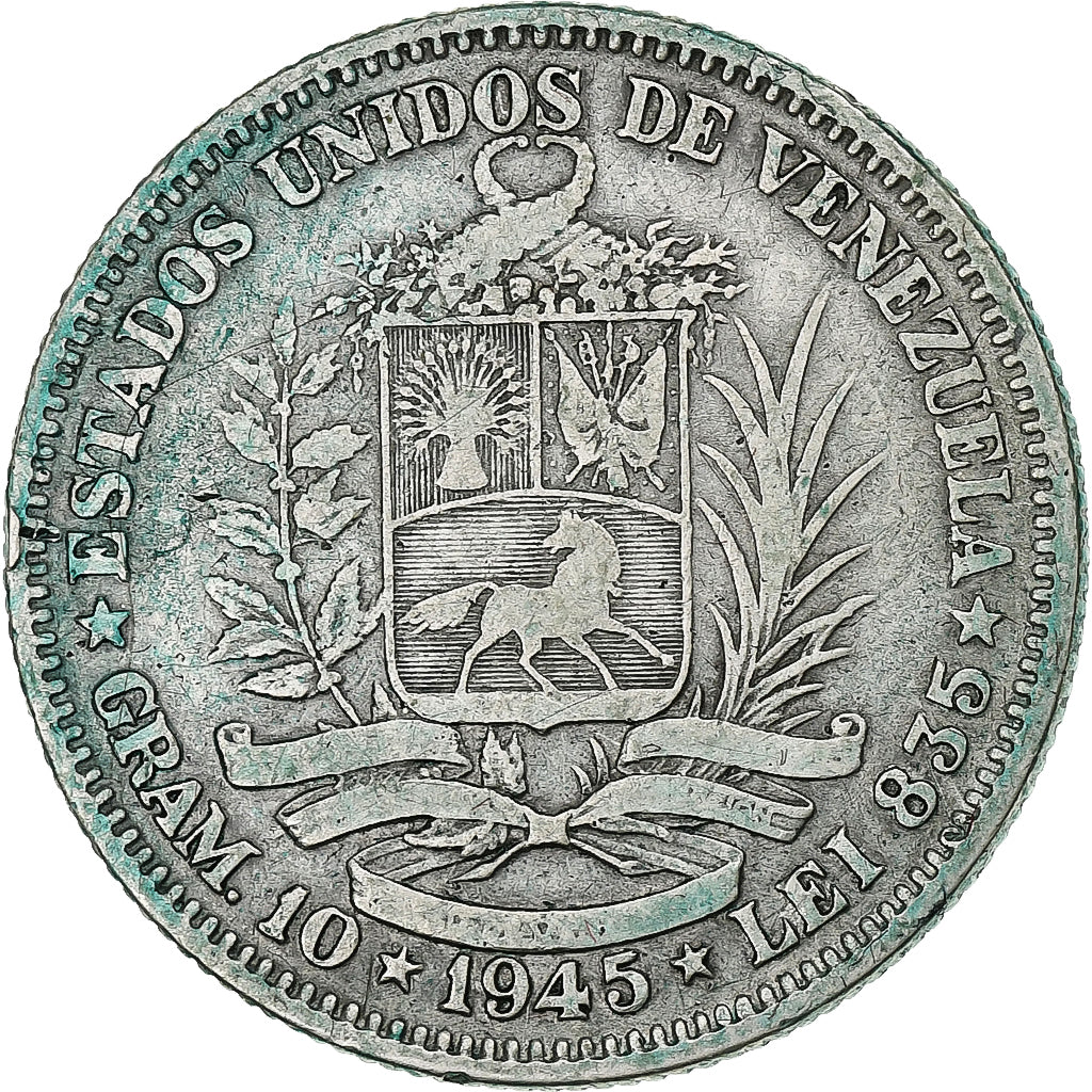 Venezuela, 2 Bolivares, 1945, Philadelphia, Plata, BC+, KM:23a