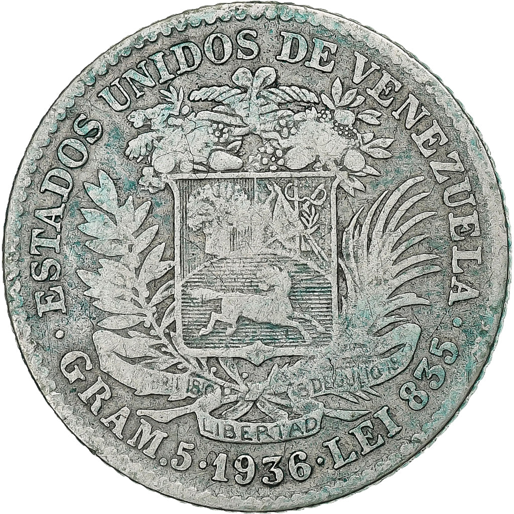 Venezuela, Bolivar, 1936, Philadelphie, Argent, TB+, KM:22