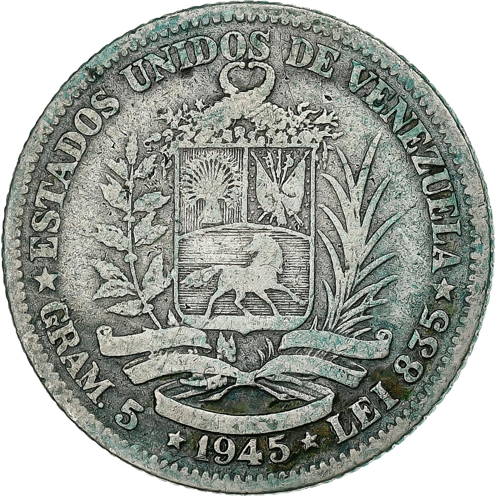 Venezuela, Bolivar, 1945, Philadelphia, Plata, BC+, KM:22a