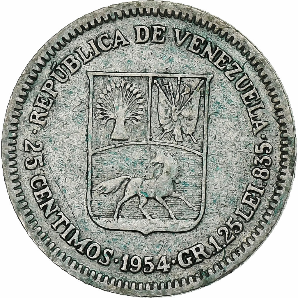 Venezuela, 25 Centimos, 1954, Philadelphia, Plata, BC+, KM:35