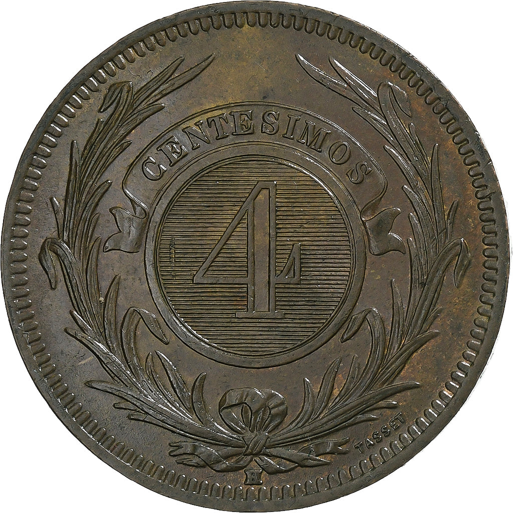 Uruguay, 4 Centesimos, 1869, Heaton, Bronzo, SPL, KM:13