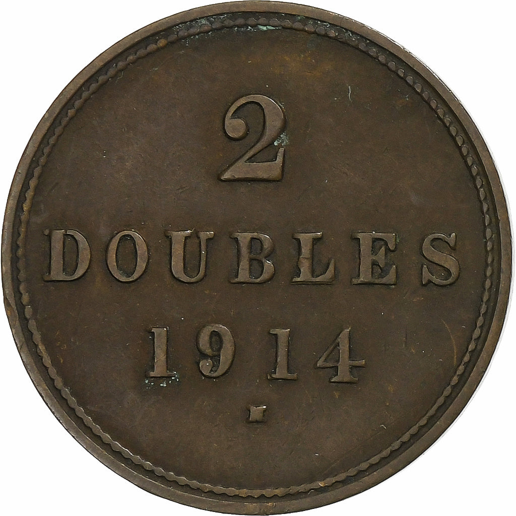 Guernsey, 2 Doubles, 1914, Heaton, Bronze Plated Copper, VF(30-35), KM:12