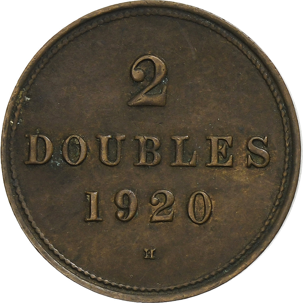 Guernsey, 2 Doubles, 1920, Heaton, Bronze Plated Copper, EF(40-45), KM:12