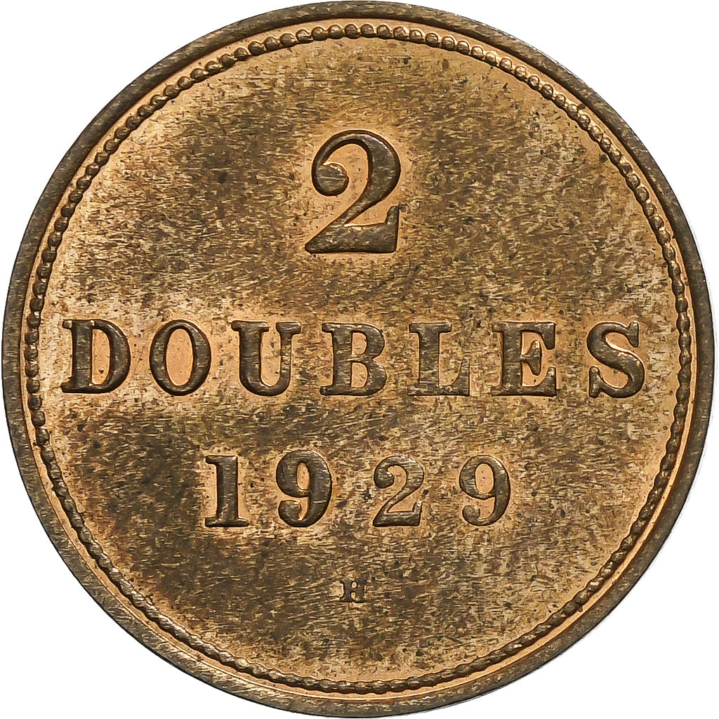 Guernsey, 2 Doubles, 1929, Heaton, Bronze Plated Copper, AU(50-53), KM:12