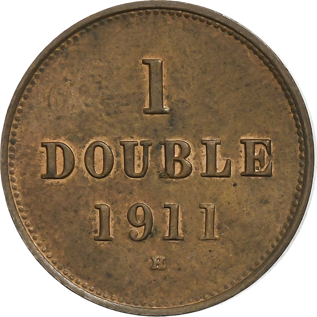 Guernsey, Double, 1911, Heaton, Bronze Plated Copper, AU(50-53), KM:11