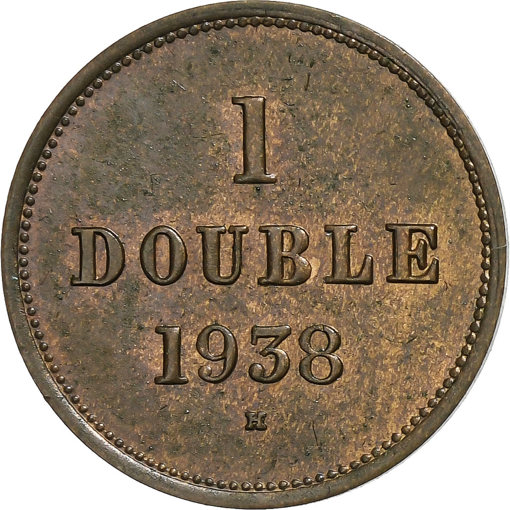 Guernsey, Double, 1938, Heaton, Bronze Plated Copper, AU(55-58), KM:11